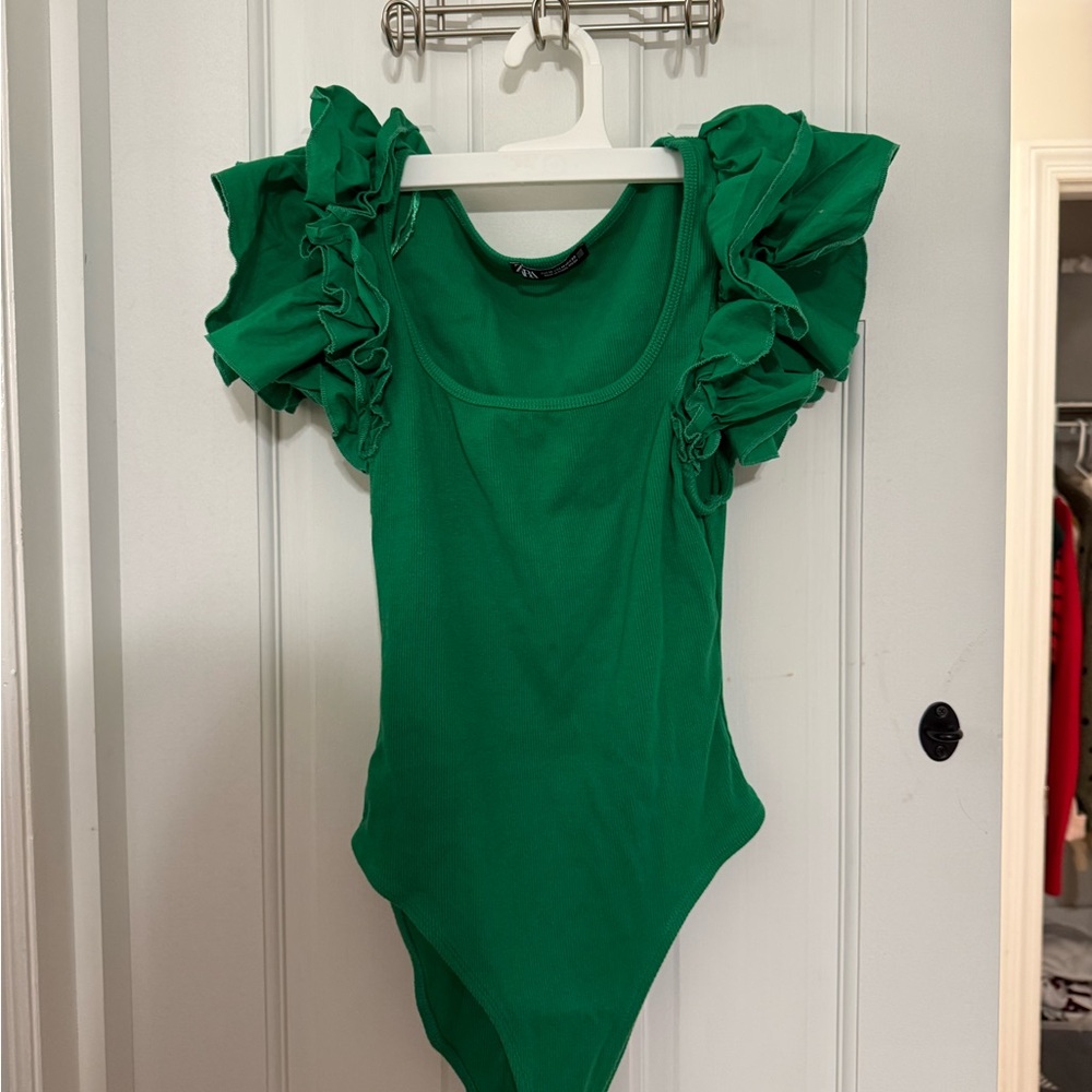 Zara Green Bodysuit Ruffle Sleeve